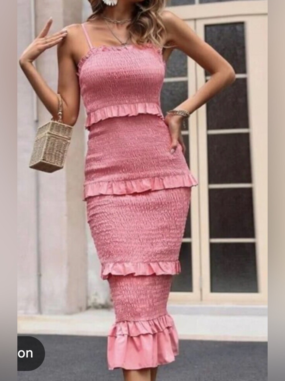 Mable Boutique Smocked Pink Bodycon Ruffle Midi Dress, Medium